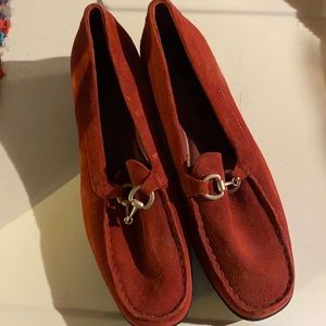 New red suede loafers